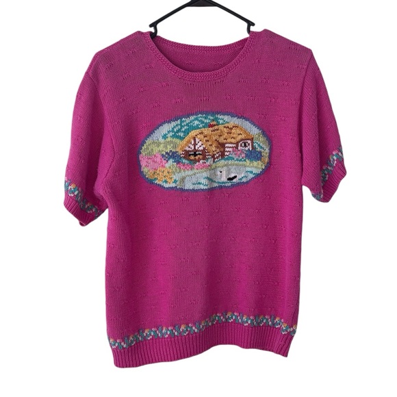 American Vintage Sweaters - American Vintage Cottage Core Knit Handmade Pink Sweater Costal Grandma